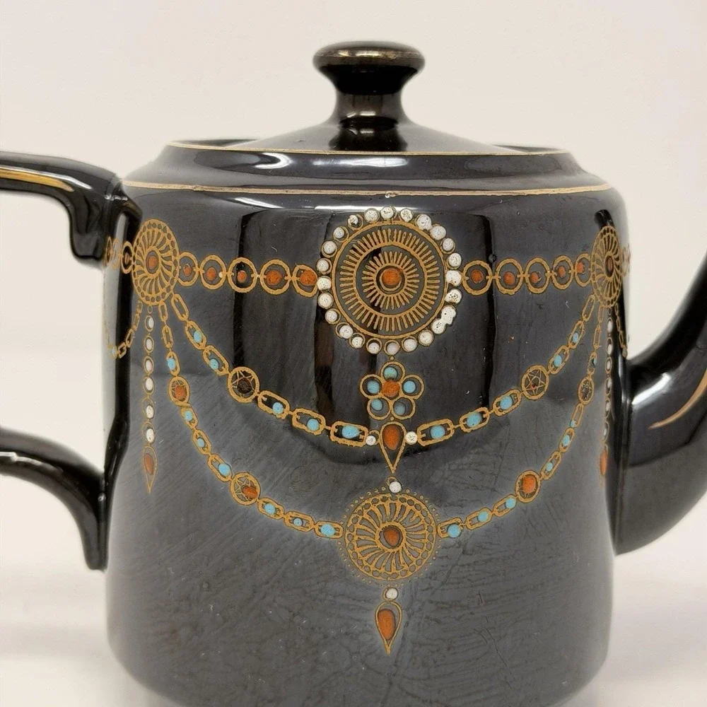 Vintage English Teapot Black Glaze Hand Painted‎ Made in England